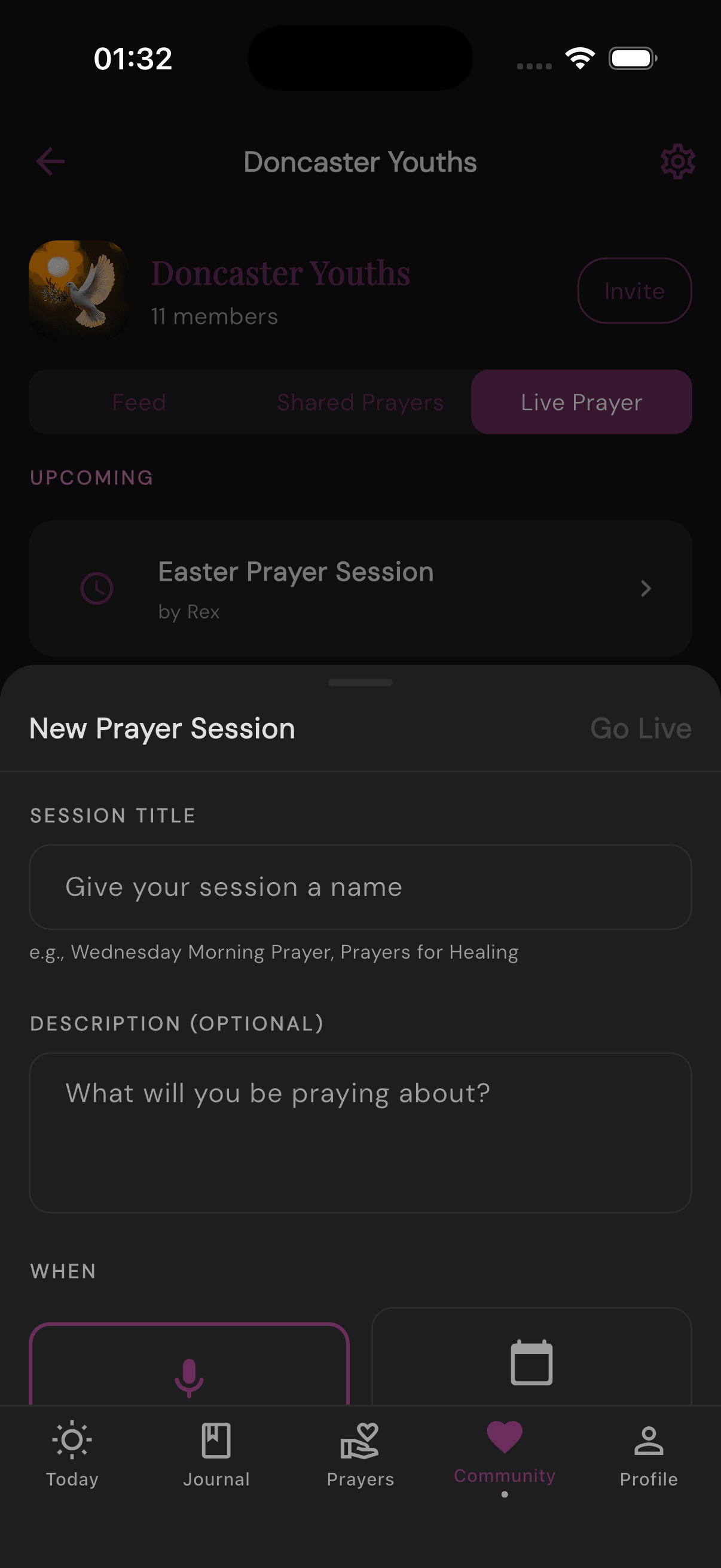 New prayer session screen