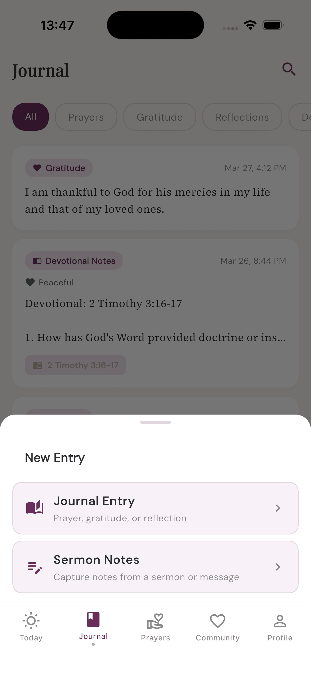 Prayer journal screen