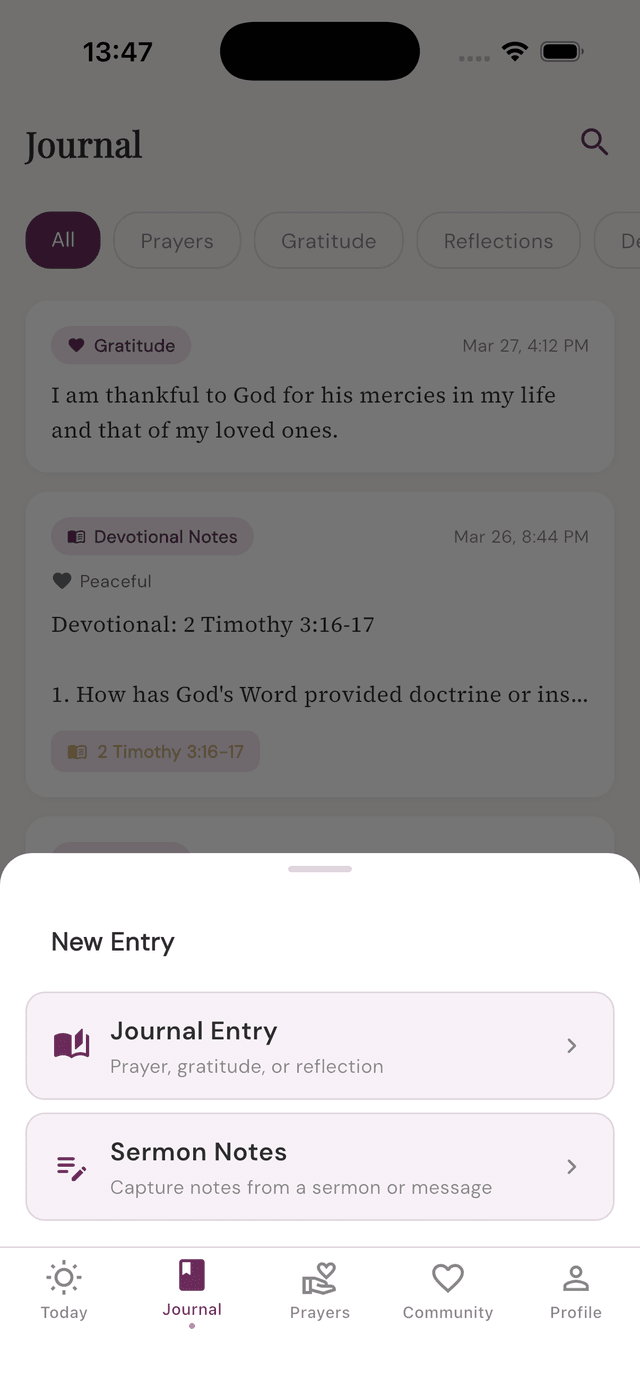 Prayer journal screen