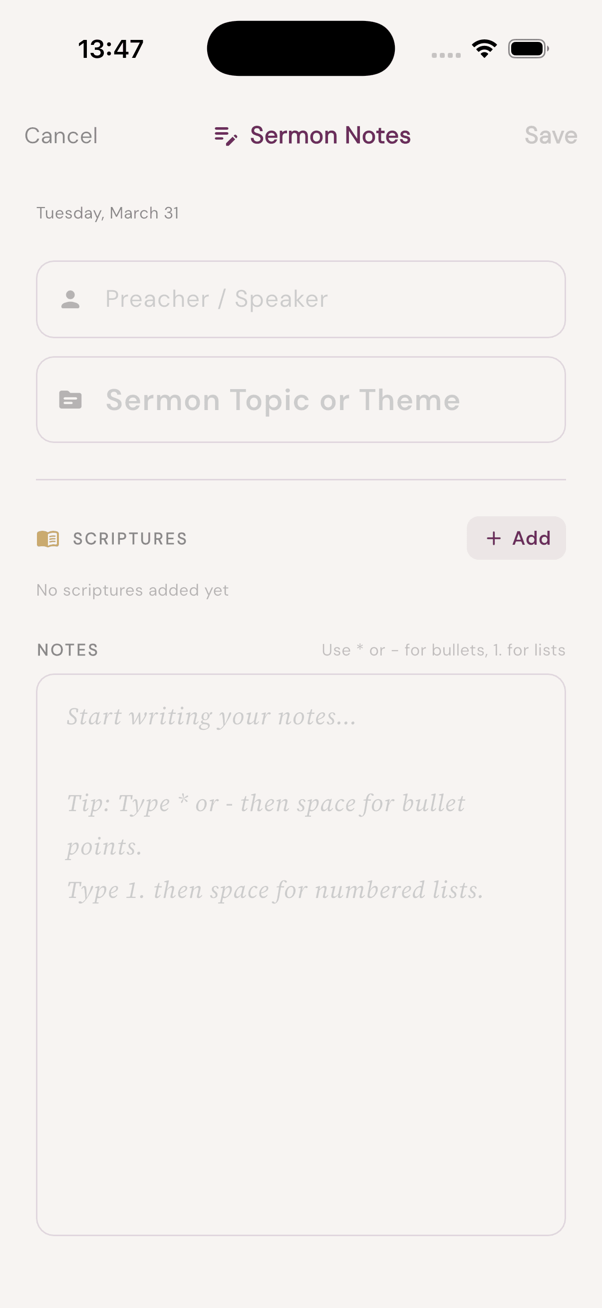 Sermon notes screen
